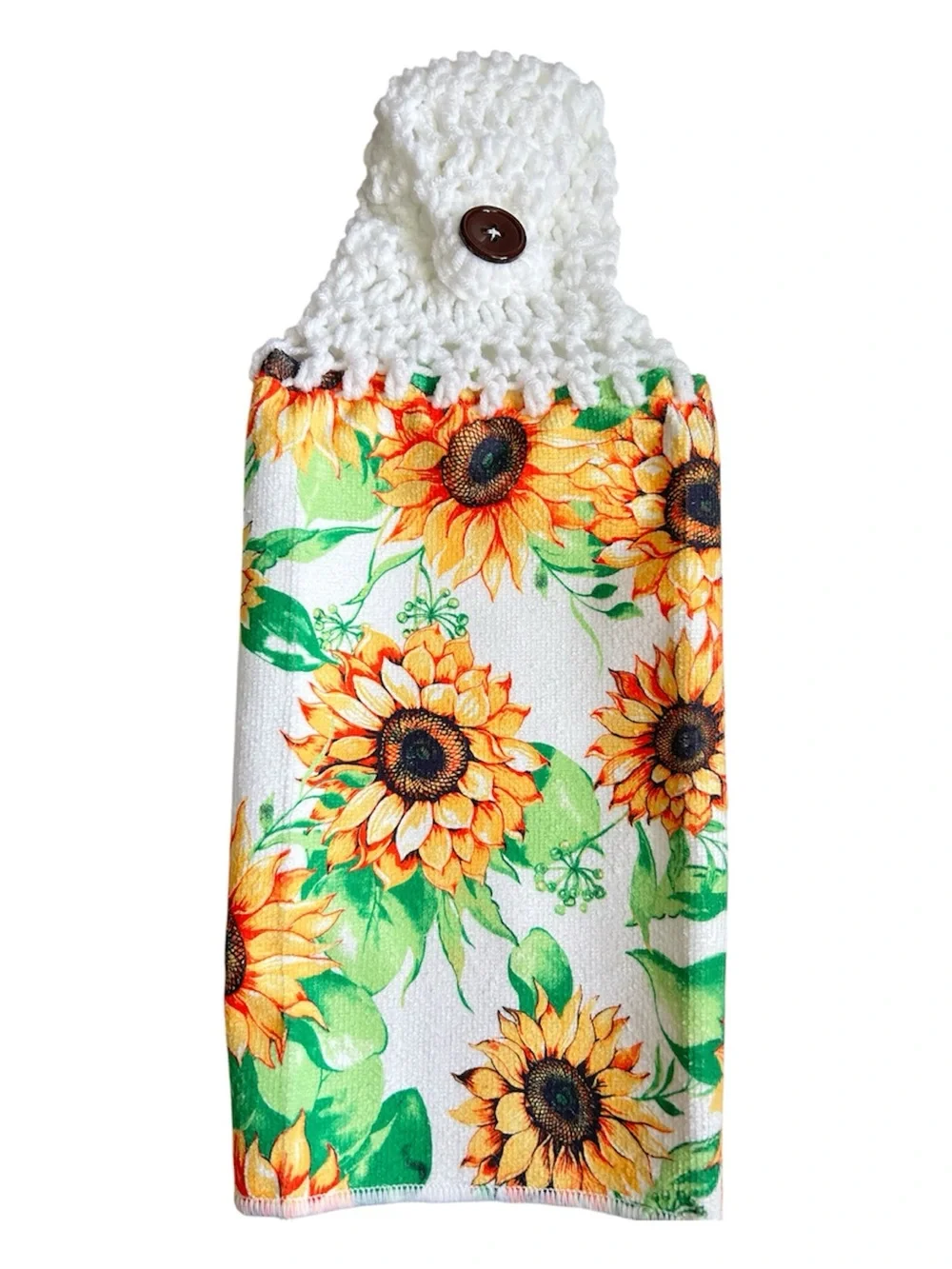 Hand Crafted Sunflower Hanging Kitchen Towels - White, Yellow & Green